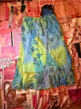Y2k Floral A-Line Skirt in Blue and Green Pattern